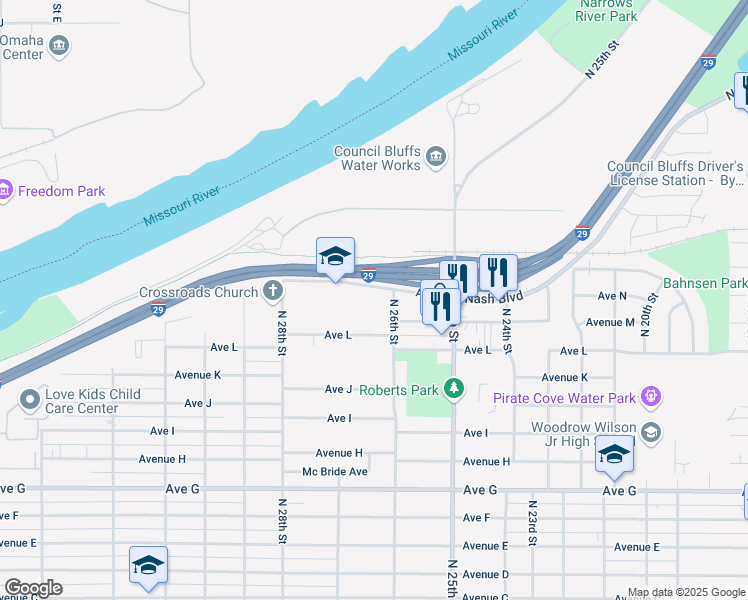 map of restaurants, bars, coffee shops, grocery stores, and more near 1202 North 26th Street in Council Bluffs