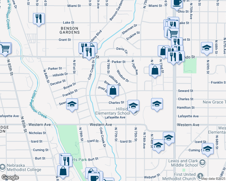 map of restaurants, bars, coffee shops, grocery stores, and more near 7726 Seward Street in Omaha