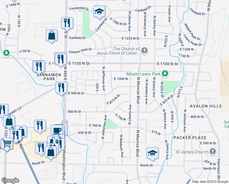 map of restaurants, bars, coffee shops, grocery stores, and more near 917 East 925 North in Ogden