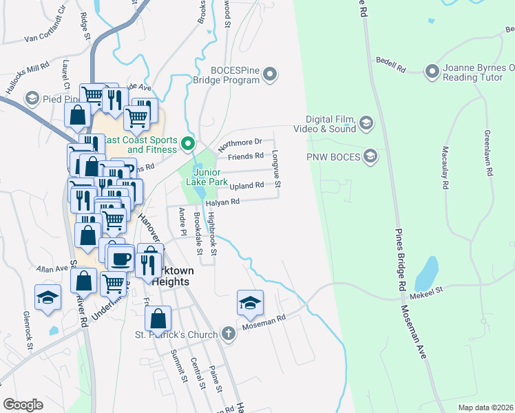 map of restaurants, bars, coffee shops, grocery stores, and more near 89 Halyan Road in Yorktown Heights