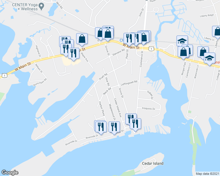 map of restaurants, bars, coffee shops, grocery stores, and more near 15 Neck Road in Clinton