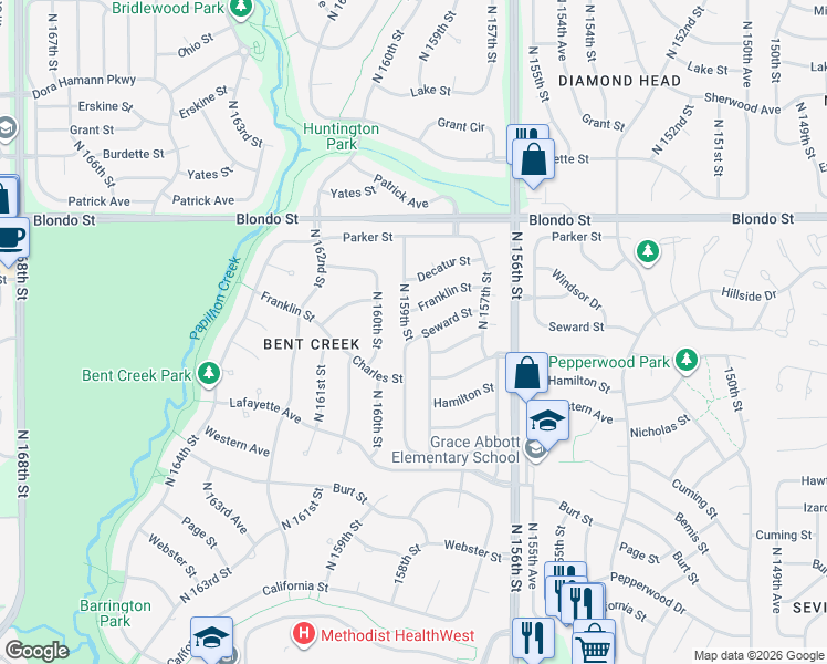 map of restaurants, bars, coffee shops, grocery stores, and more near 1605 North 159th Street in Omaha
