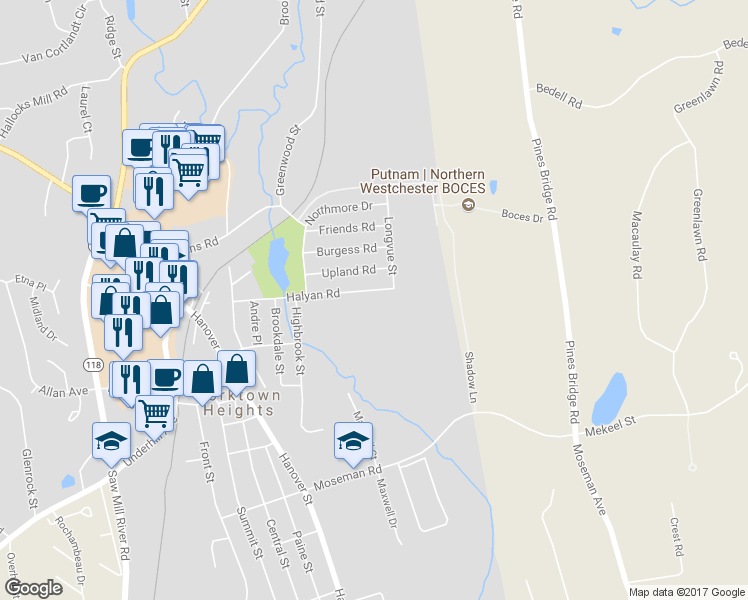 map of restaurants, bars, coffee shops, grocery stores, and more near 89 Halyan Road in Yorktown Heights