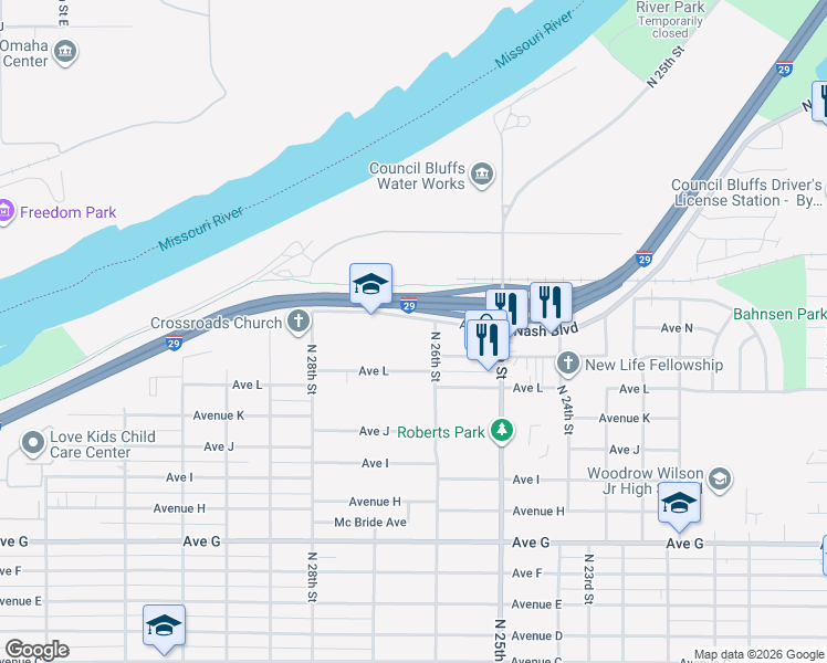 map of restaurants, bars, coffee shops, grocery stores, and more near 1202 North 26th Street in Council Bluffs