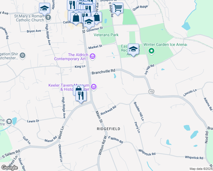 map of restaurants, bars, coffee shops, grocery stores, and more near 158 Main Street in Ridgefield