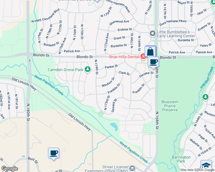 map of restaurants, bars, coffee shops, grocery stores, and more near 17311 Windsor Drive in Omaha