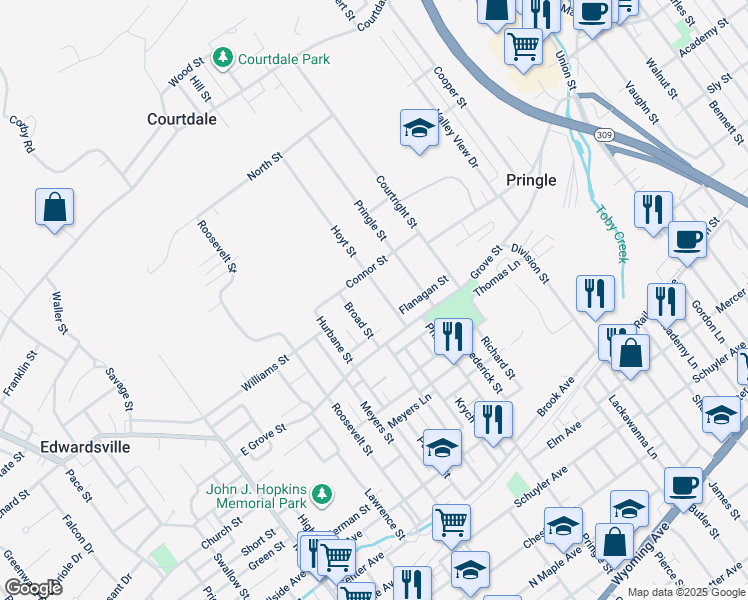 map of restaurants, bars, coffee shops, grocery stores, and more near 388 Hoyt Street in Pringle
