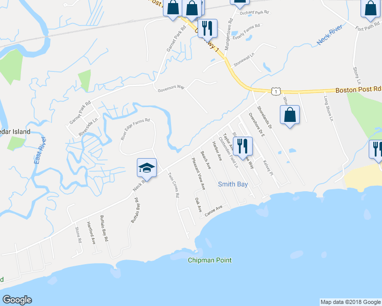 map of restaurants, bars, coffee shops, grocery stores, and more near 104 Neck Road in Madison