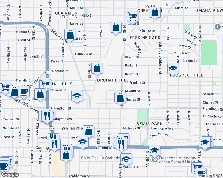 map of restaurants, bars, coffee shops, grocery stores, and more near 4037 Seward Street in Omaha