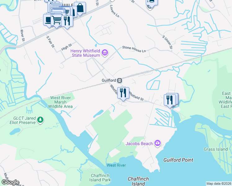 map of restaurants, bars, coffee shops, grocery stores, and more near 379 Whitfield Street in Guilford