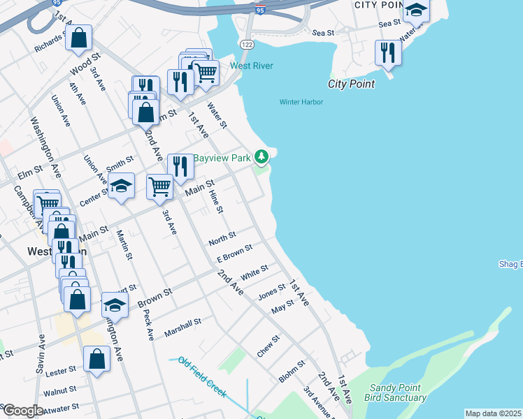 map of restaurants, bars, coffee shops, grocery stores, and more near 215 1st Avenue in West Haven