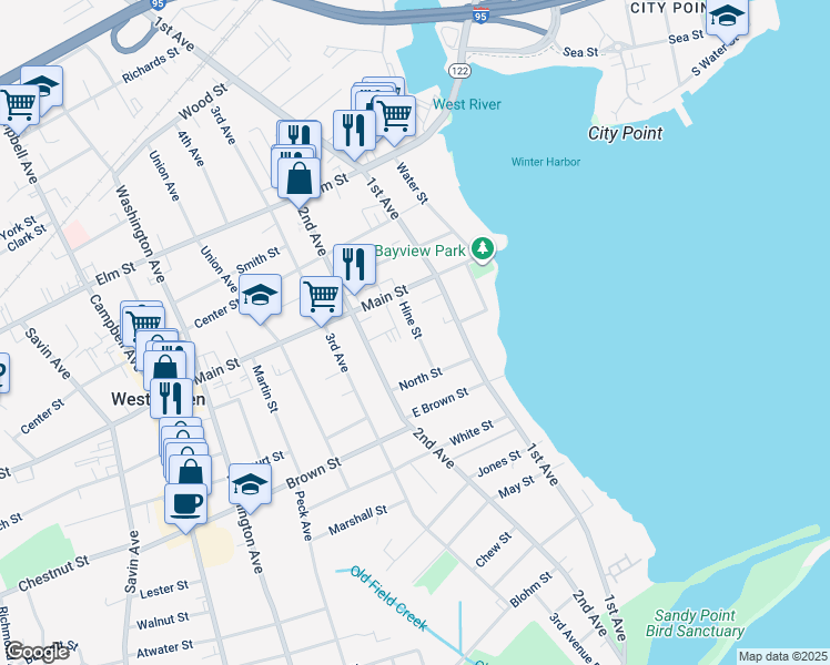 map of restaurants, bars, coffee shops, grocery stores, and more near 40 Hine Street in West Haven