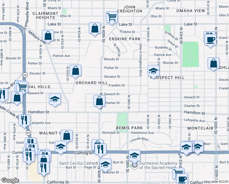 map of restaurants, bars, coffee shops, grocery stores, and more near 3857 Seward Street in Omaha