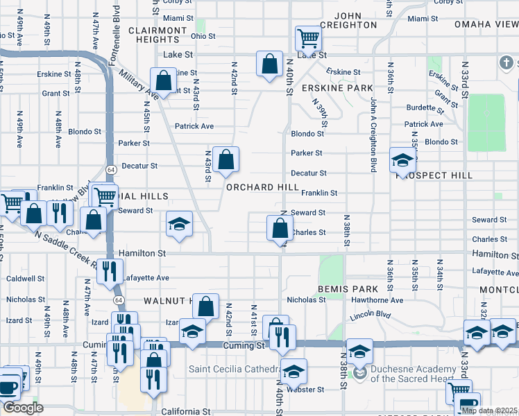 map of restaurants, bars, coffee shops, grocery stores, and more near 4037 Seward Street in Omaha