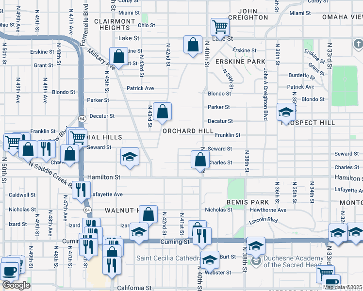 map of restaurants, bars, coffee shops, grocery stores, and more near 4038 Seward Street in Omaha