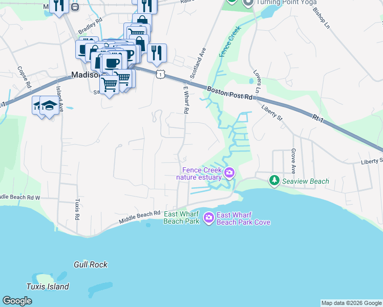 map of restaurants, bars, coffee shops, grocery stores, and more near 63 East Wharf Road in Madison