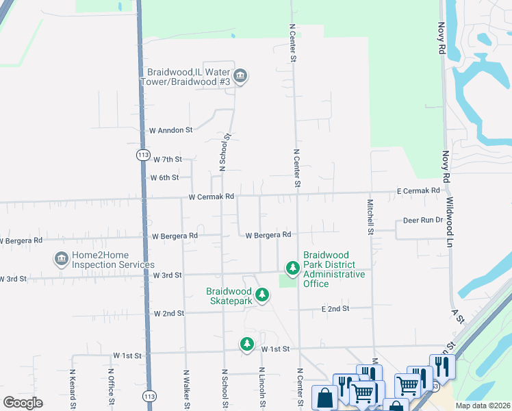 map of restaurants, bars, coffee shops, grocery stores, and more near 571 North Lincoln Street in Braidwood