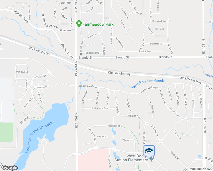 map of restaurants, bars, coffee shops, grocery stores, and more near 18910 Honeysuckle Drive in Omaha