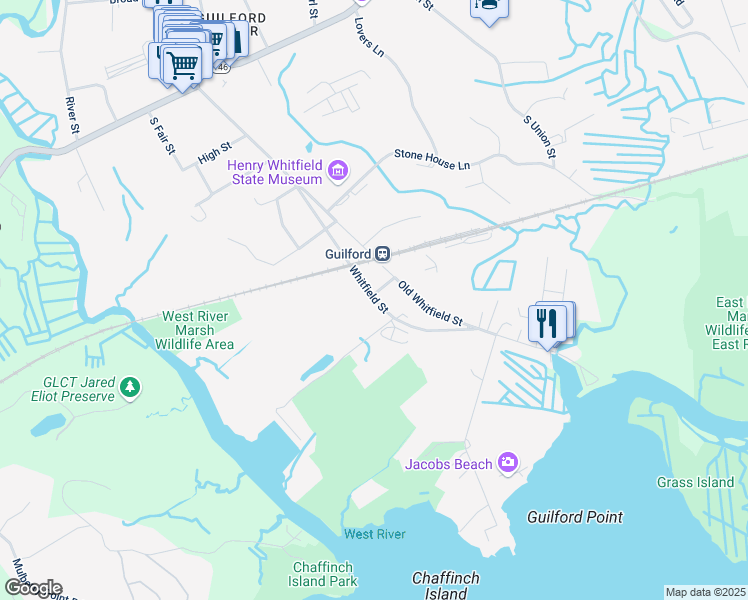 map of restaurants, bars, coffee shops, grocery stores, and more near 379 Whitfield Street in Guilford