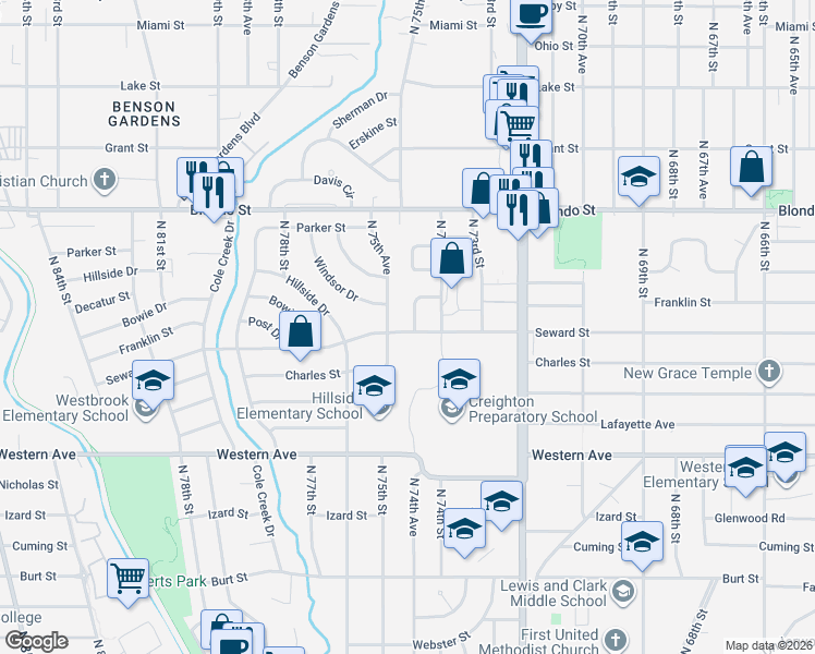 map of restaurants, bars, coffee shops, grocery stores, and more near 7505 Seward Street in Omaha