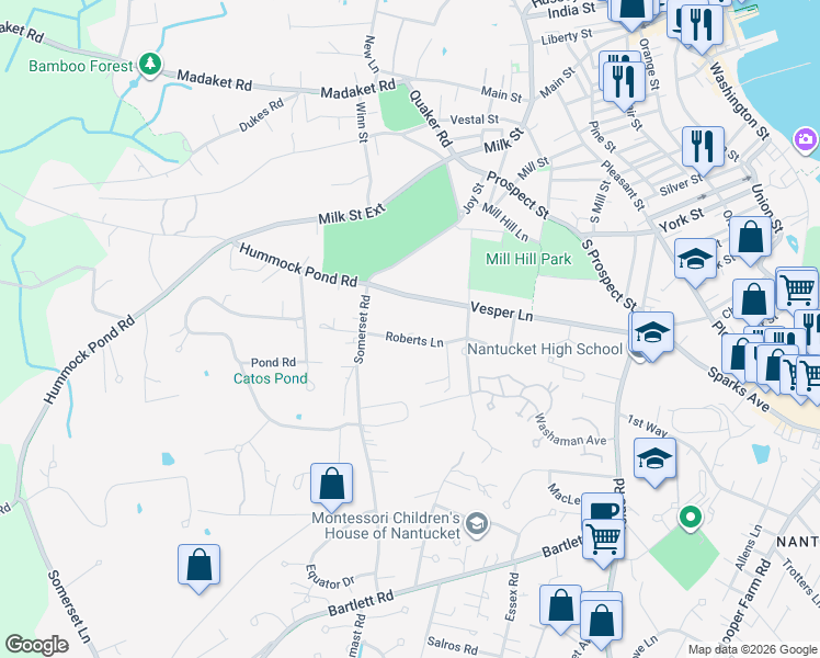 map of restaurants, bars, coffee shops, grocery stores, and more near 21 Roberts Lane in Nantucket