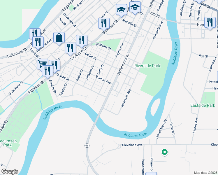 map of restaurants, bars, coffee shops, grocery stores, and more near 1120 Ohio 66 in Defiance