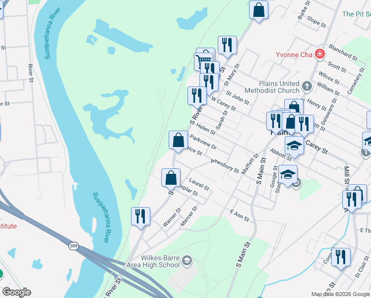 map of restaurants, bars, coffee shops, grocery stores, and more near 14 Price Street in Wilkes-Barre