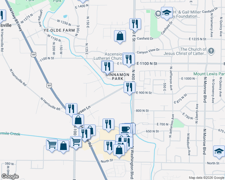 map of restaurants, bars, coffee shops, grocery stores, and more near 278 Larsen Lane in Harrisville