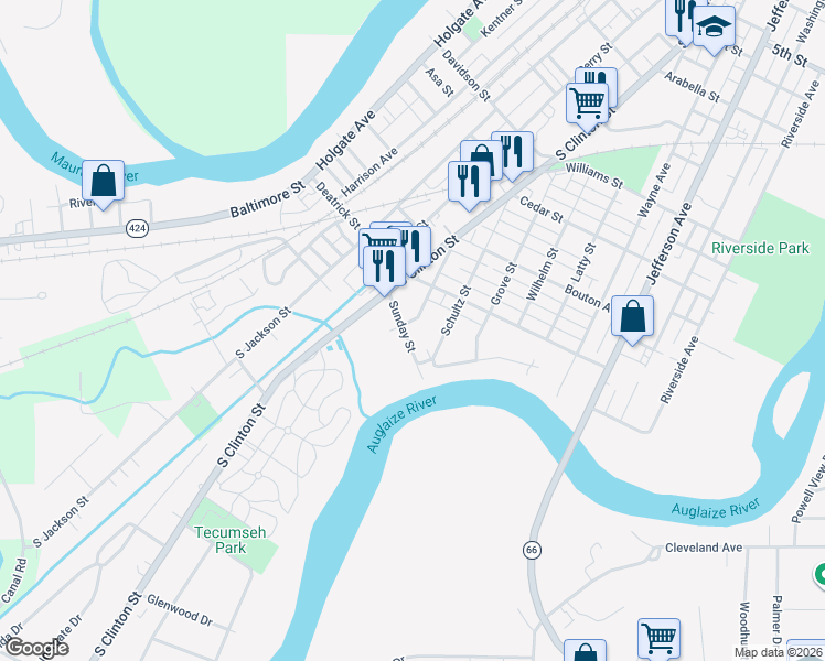 map of restaurants, bars, coffee shops, grocery stores, and more near 914 Sunday Street in Defiance