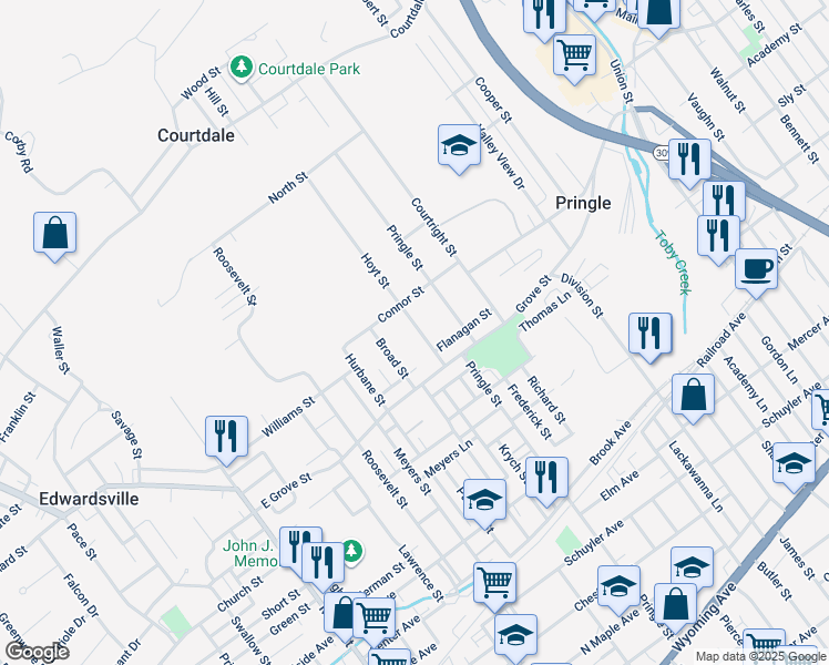 map of restaurants, bars, coffee shops, grocery stores, and more near 388 Hoyt Street in Pringle