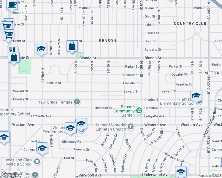 map of restaurants, bars, coffee shops, grocery stores, and more near 6241 Seward Street in Omaha