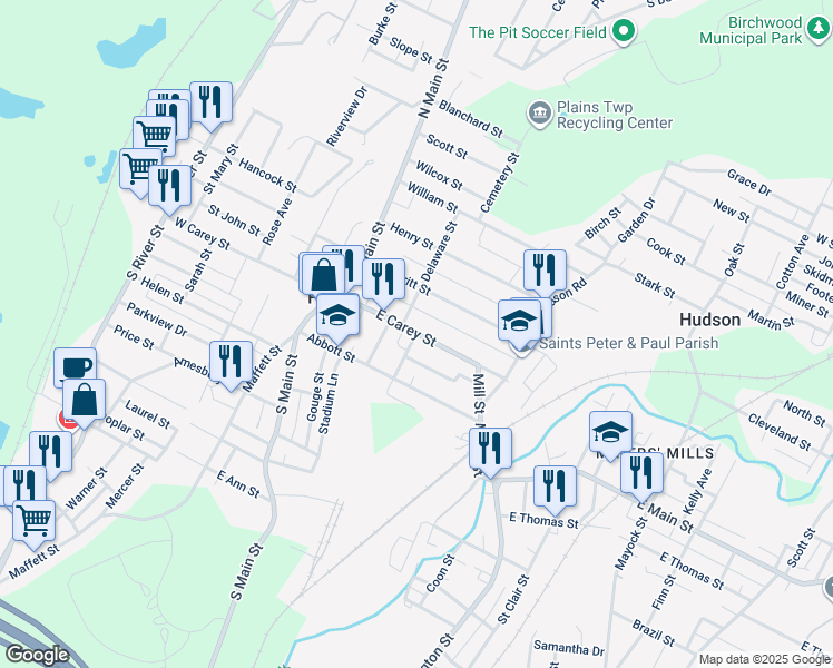 map of restaurants, bars, coffee shops, grocery stores, and more near 2 Stocker Street in Wilkes-Barre