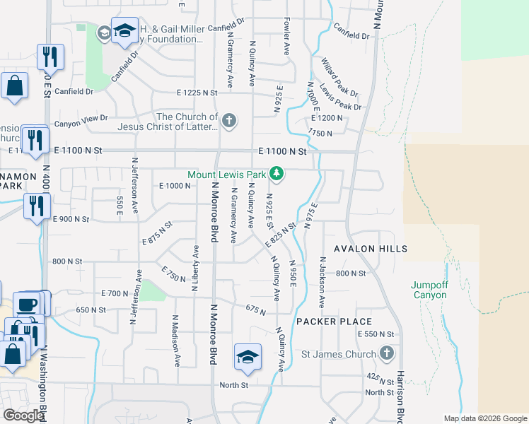 map of restaurants, bars, coffee shops, grocery stores, and more near 956 East 825 North Street in Ogden