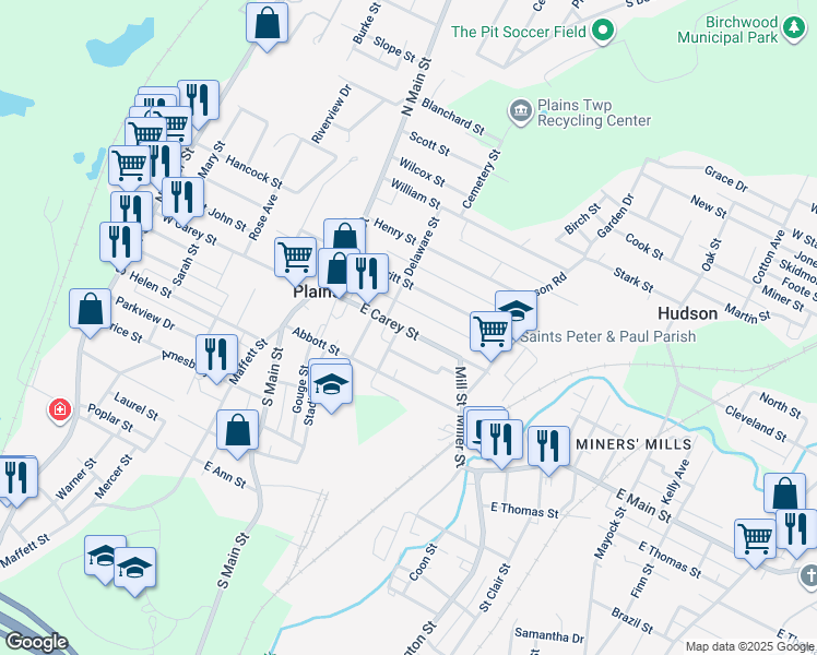 map of restaurants, bars, coffee shops, grocery stores, and more near 127-129 West Carey Street in Wilkes-Barre