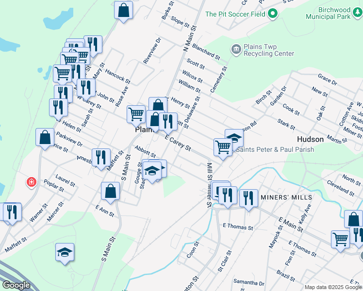 map of restaurants, bars, coffee shops, grocery stores, and more near 127-129 West Carey Street in Wilkes-Barre
