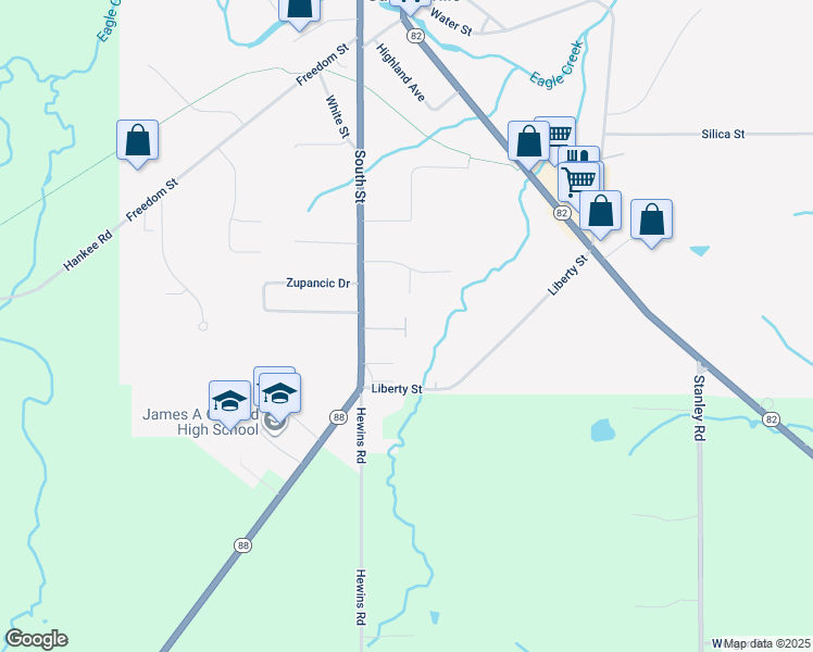 map of restaurants, bars, coffee shops, grocery stores, and more near 8102 Southwood Drive in Garrettsville
