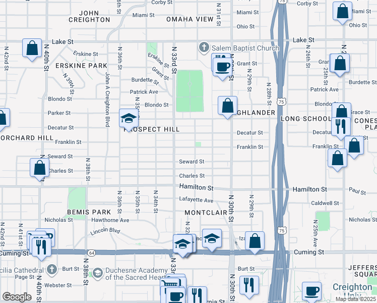 map of restaurants, bars, coffee shops, grocery stores, and more near 3226 Seward Street in Omaha