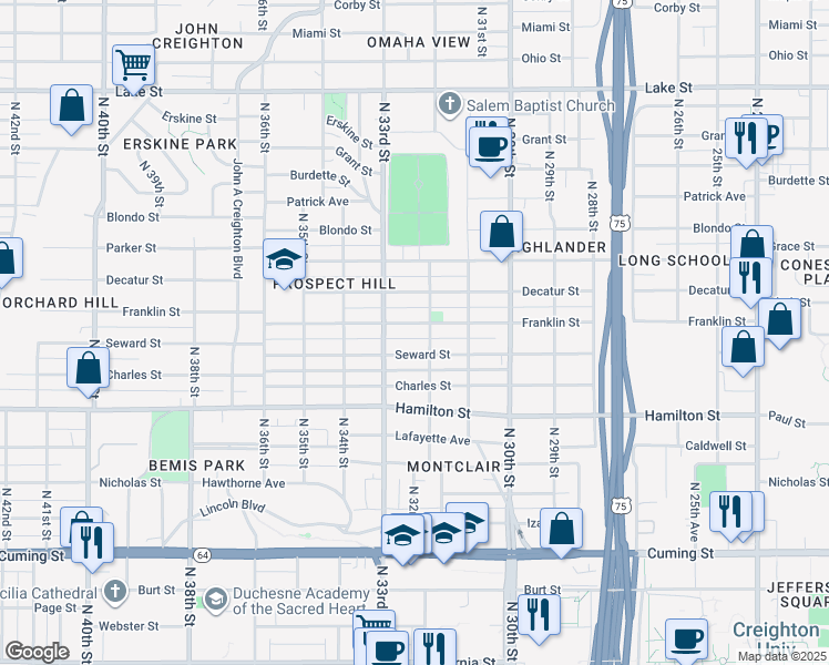 map of restaurants, bars, coffee shops, grocery stores, and more near 3226 Seward Street in Omaha