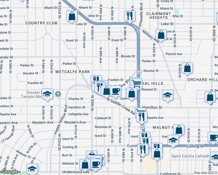 map of restaurants, bars, coffee shops, grocery stores, and more near 4901 Seward Street in Omaha