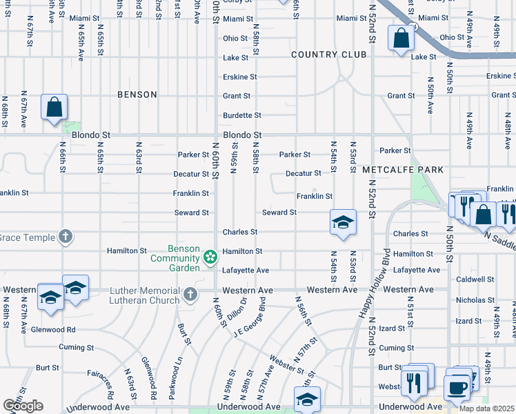 map of restaurants, bars, coffee shops, grocery stores, and more near 5757 Seward Street in Omaha