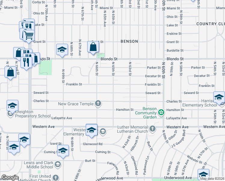 map of restaurants, bars, coffee shops, grocery stores, and more near 1525 North 65th Street in Omaha