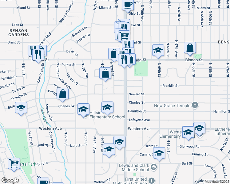map of restaurants, bars, coffee shops, grocery stores, and more near 7305 Seward Street in Omaha
