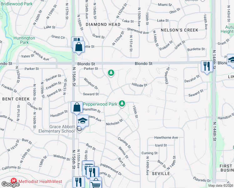 map of restaurants, bars, coffee shops, grocery stores, and more near 15319 Seward Plaza in Omaha