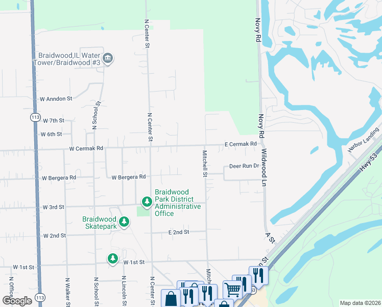 map of restaurants, bars, coffee shops, grocery stores, and more near 175 East Cermak Road in Braidwood