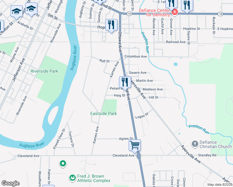 map of restaurants, bars, coffee shops, grocery stores, and more near 535 Haig Street in Defiance