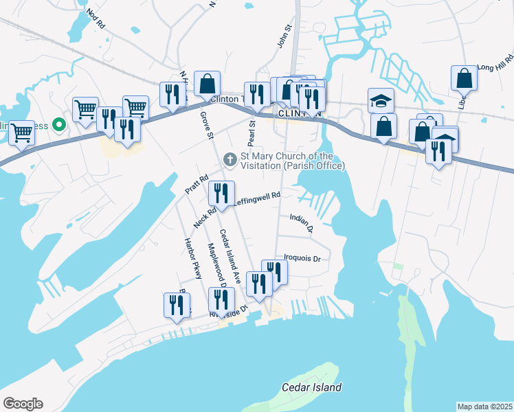 map of restaurants, bars, coffee shops, grocery stores, and more near 82 Grove Street in Clinton