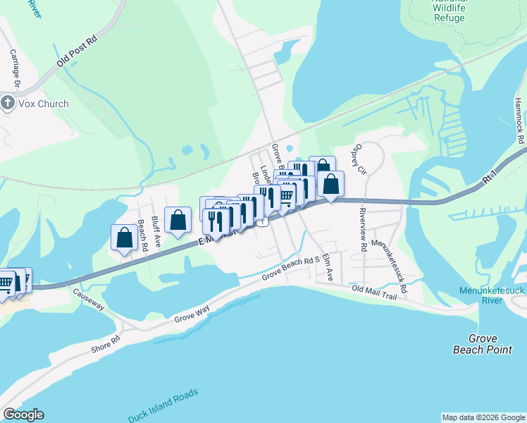 map of restaurants, bars, coffee shops, grocery stores, and more near 1 Broadway South in Westbrook
