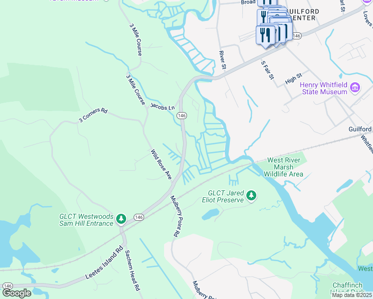 map of restaurants, bars, coffee shops, grocery stores, and more near 342 Water Street in Guilford