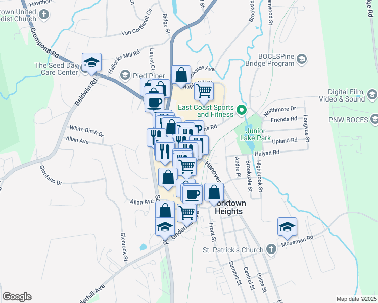 map of restaurants, bars, coffee shops, grocery stores, and more near 1909 Commerce Street in Yorktown Heights