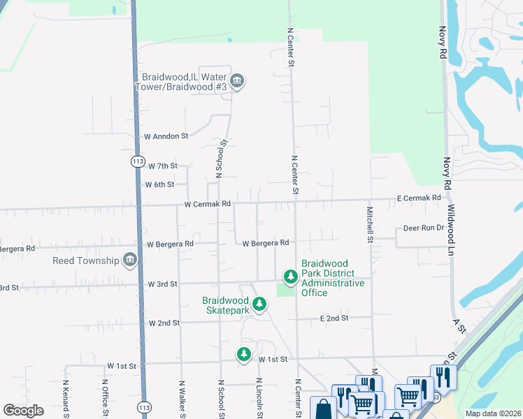 map of restaurants, bars, coffee shops, grocery stores, and more near 571 North Lincoln Street in Braidwood